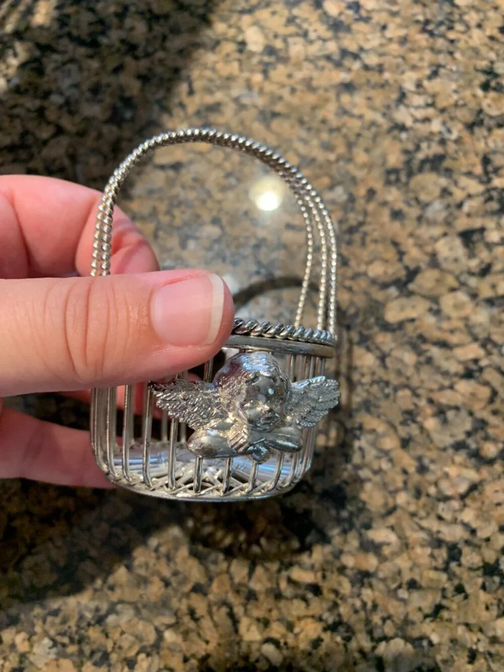 Vintage Department 56 Silver Plated Miniature Wire Basket Angel Cherub Trinket